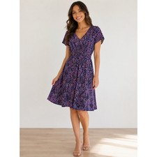 Maggy London Petite Ditsy Floral V-Neck Fit Flare Smocked Dress Pink Purple 4P