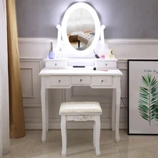 Vanity Table Set with 10 LED Mirror & Stool Makeup Vanity Desk with 5 Drawers