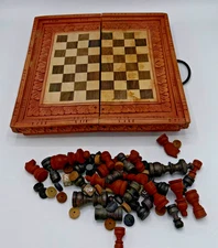 Vintage Hand Carved Wood Chess Backgammon Set Travel Box w/ Pieces