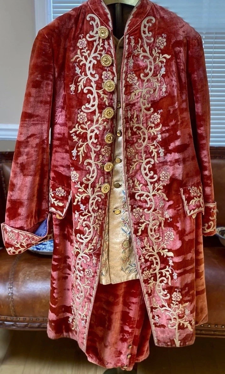 Antiguo disfraz de teatro c1880 abrigo de terciopelo rojo chaleco pantalones Boomsma Groningen