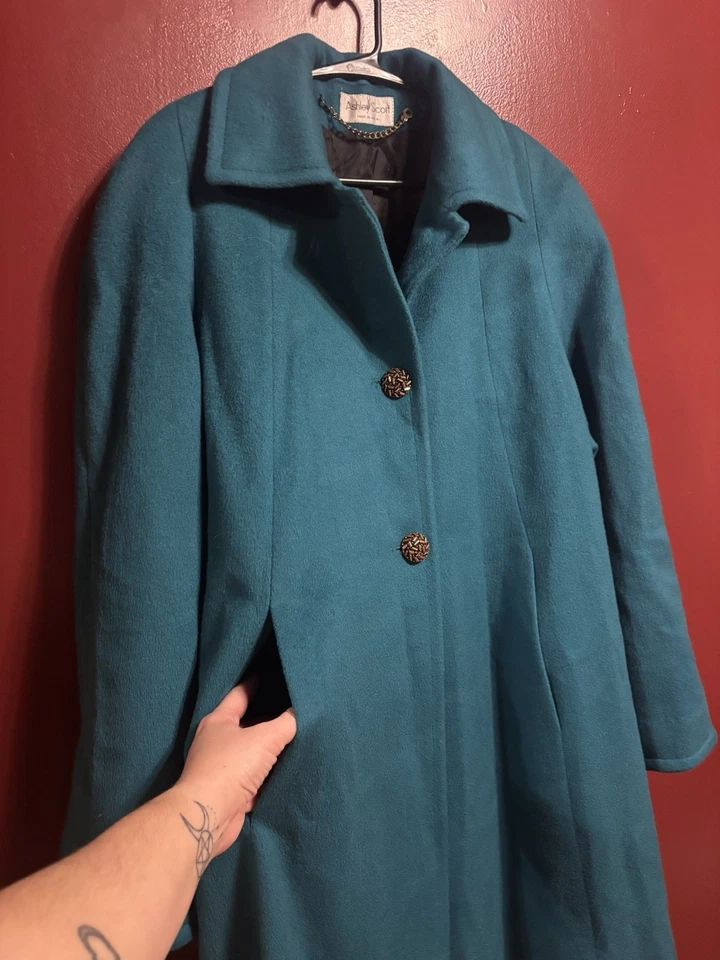 Abrigo de lana Ashley Scott vintage para mujer L/XL verde azulado bronce botones abrigo largo midi Foto 3 de 4