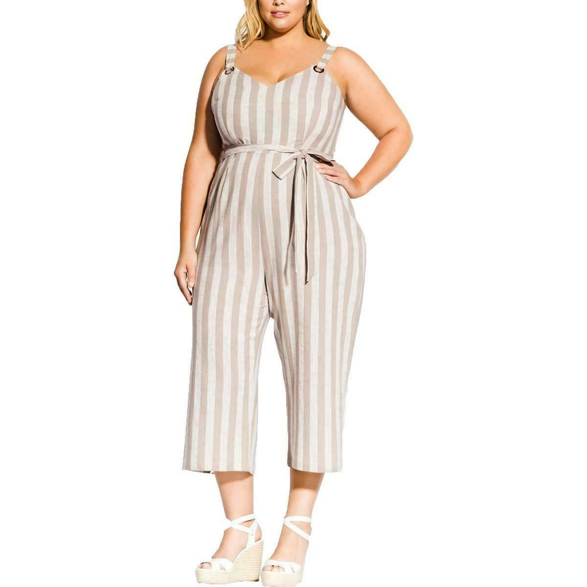 City Chic Women Carmine Jumpsuit Beige Striped LINEN Blend Wide Leg Plus 24