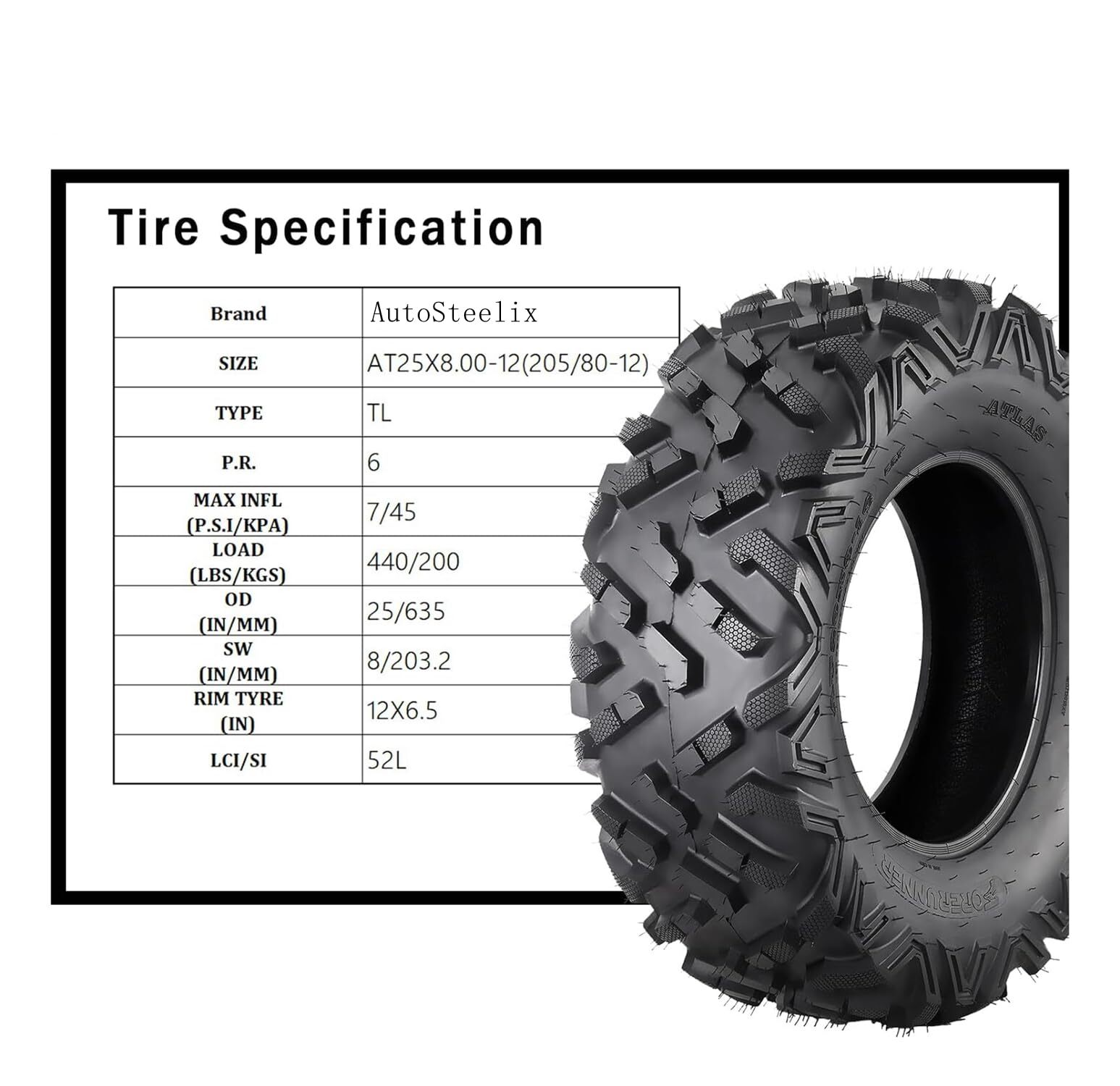 4PCS ATV UTV Tires 25x8-12 & 25x10-12 Front & Rear 6PR Off-Road Tire All Terrain