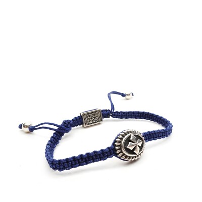 King Baby Studio Blue Cord Slide Bracelet MB Cross Concho Bead Silver .925 7.25''