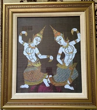 Antique Temple Kinnara Thai Dancing Couple On SILK Print 23x26” Framed & Matted