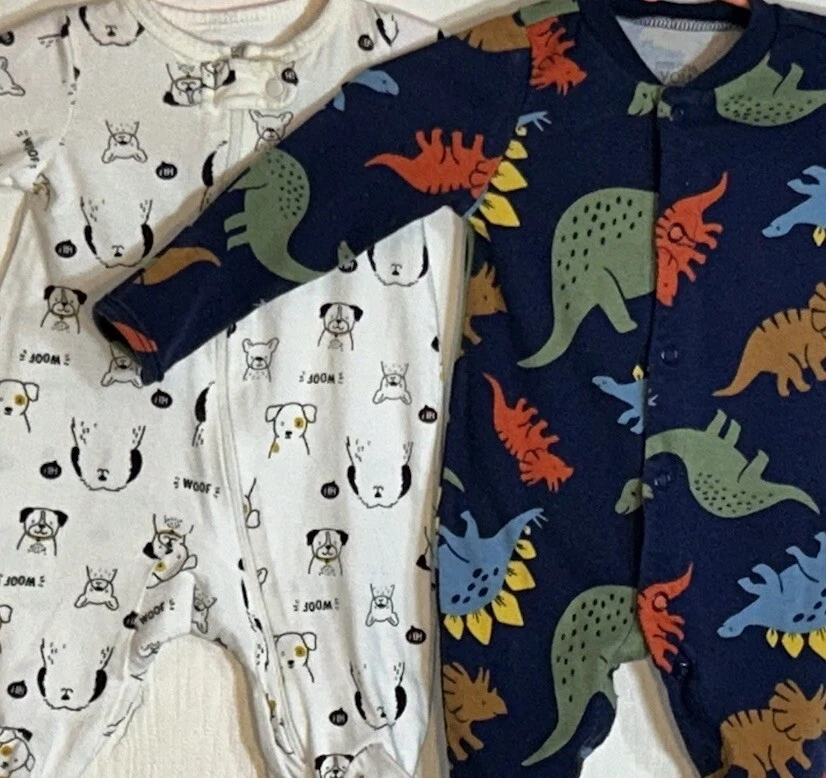 Just One You Baby Boy Sleeper-Lot of 2 White/Black Dogs Navy Blue Dinosaurs EUC - Image 2 of 4
