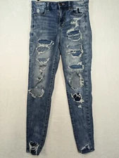 American Eagle Jeans Womens 0 Regular Blue Denim Curvy Hi Rise Jegging Distress