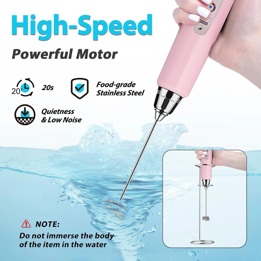 Milk Frother with Stand Rechargeable- Handheld Coffee 3 Pink