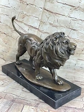 Genuine Bronze Metal Statue Marble Base Male Lion Jungle King SCULPTURE Figure