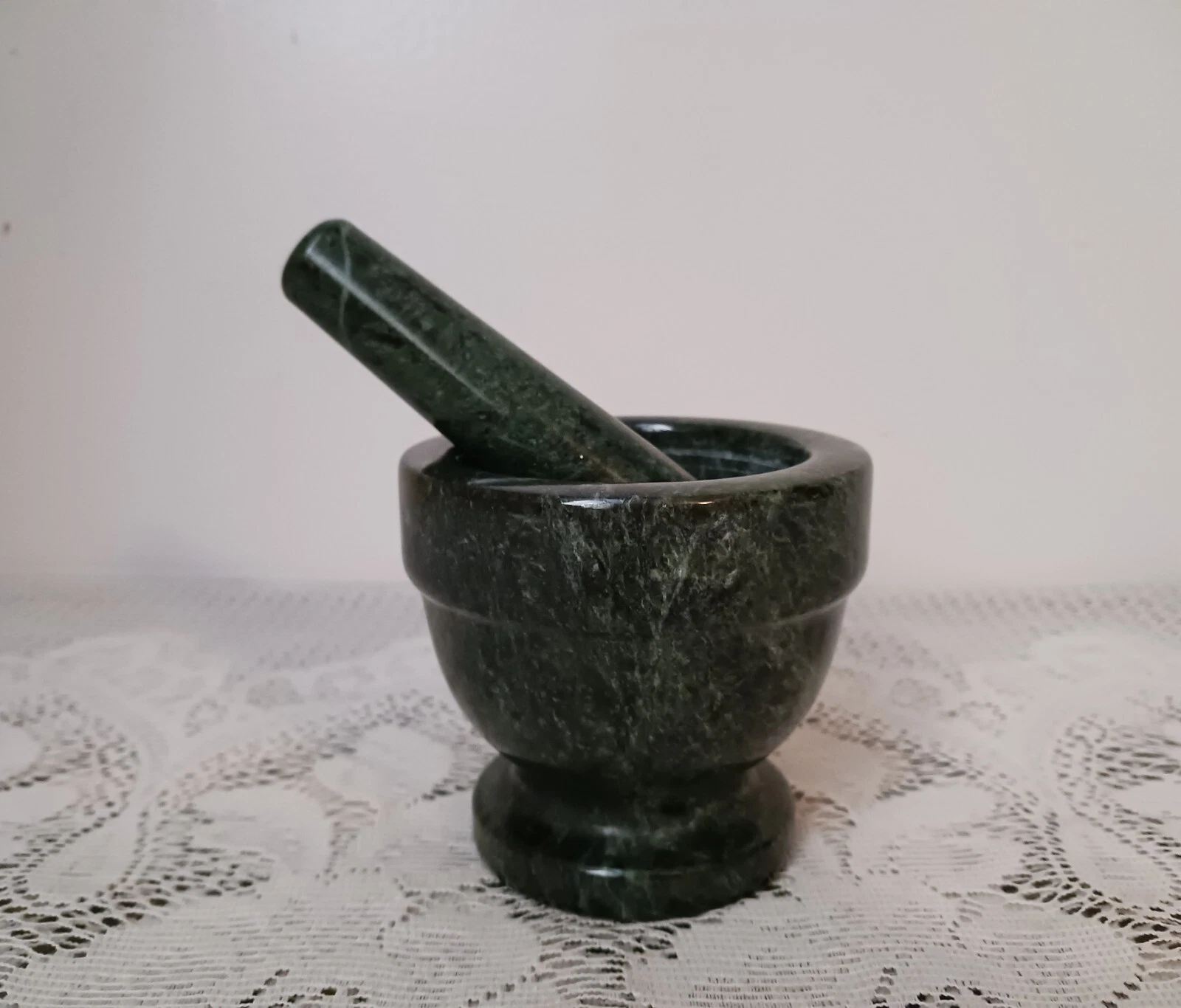 Vintage Mortar & Pestle Footed Green Grey Swirl Natural Stone Pestle Set
