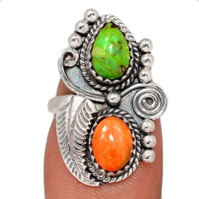 Southwest Composite Mohave Green Turquoise & Coral 925 Silver Ring s.5.5 CR69013