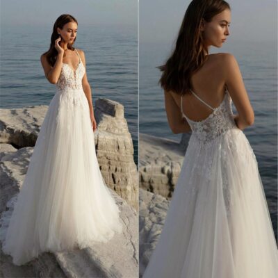 Boho Lace Applique V-Neck Wedding Dresses A-line Sleeveless Tulle Gowns Train | eBay Boho Lace Applique V-Neck Wedding Dresses A-line Sleeveless Tulle Gowns Train | eBay