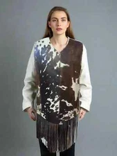 Cowhide Leather Vest Women Western Fringed Jacket Pony Skin Hair Brown WhiteCoat