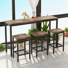 4-Piece Dining Table Set For 3, Kitchen Wood Long Table w 3 Counter Stool Rustic