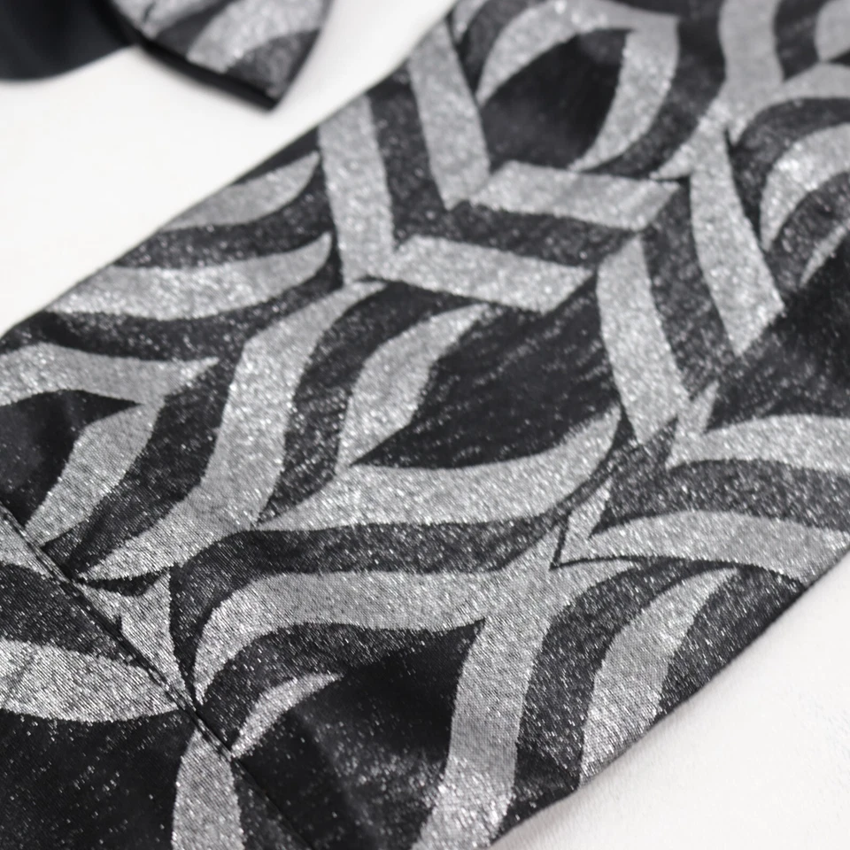 Formal Mens 100% Silk Bow Tie & Cummerbund Set Pleated Geo Abstract Silver Black - Image 3 of 4