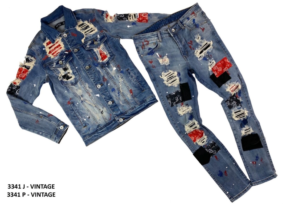 New Men's Moto Biker Distressed Denim Jean Jacket Set: M to