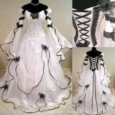 Vintage Medieval Black&White Wedding Dresses Gothic Long Sleeve Bridal Gown Plus