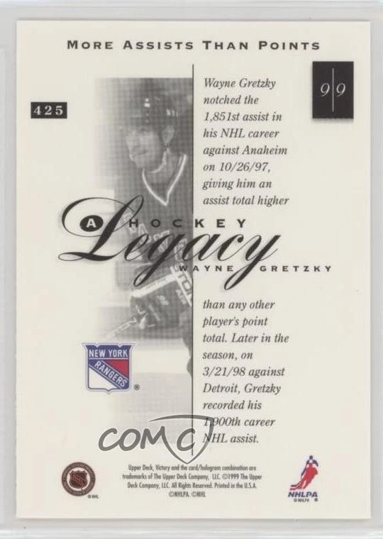 1999-00 Upper Deck Victory A Hockey Legacy Wayne Gretzky #425 HOF - Image 2 of 2