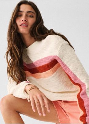 Faherty FAB! Vista Stripe Pullover Boucle Knit Sweater in Peach Nectar   L