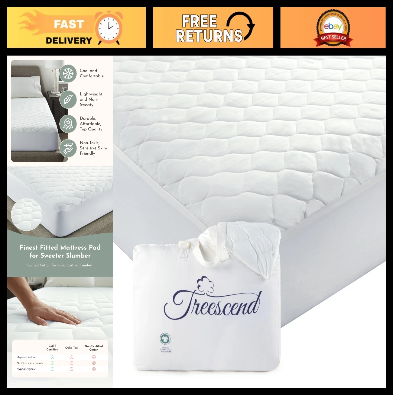 Organic Cotton Mattress Protector - Breathable, Noiseless, Quilted Pad, Deep Poc