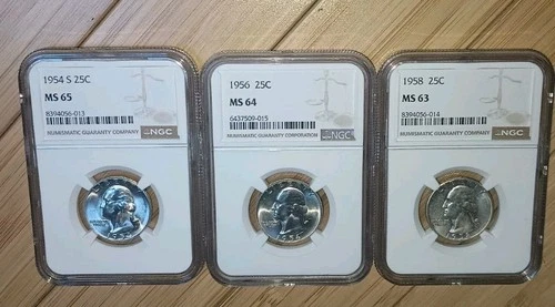 1954 S Washington Silver Quarter NGC MS65 + 1956 MS64 + 1958 MS63 Lot Of 3 Coins