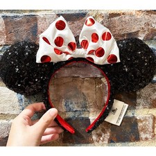 Disney Parks Classic Black Sequin Minnie Mouse Ear Red Polka Dot Bow Headband