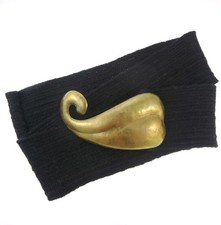 Rafael Sanchez Vintage 1980s Art Nouveau Brass Buckle Black Knit Stretch Belt