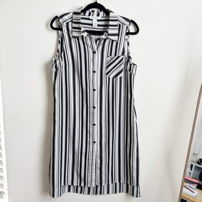 White House Black Market Size M Black White Striped Button Up Dress