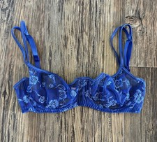 Vintage Y2K Victoria's Secret Blue Floral Embroidered Mesh Sheer Bra 34B Unlined