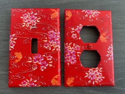 JAPANESE CHERRY BLOSSOMS/KOI FISH SWITCHPLATE  2 PC SET HANDMADE WITH FABRIC