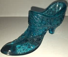 VTG FENTON BLUE GREEN ART GLASS DAISY BUTTON w/BOW HIGH KITTEN HEEL SLIPPER SHOE