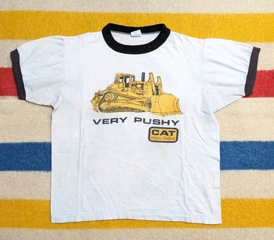VTG 70s Champion USA Caterpillar Diesel Bulldozer Very Pushy Ringer T-Shirt M