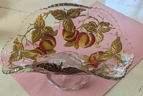 Antique Goofus Glass PEACHES Large Compote - BANANA BOAT - HEXAGON BASE.
