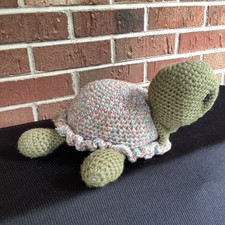 Vintage Hand Crocheted Turtle 12" Green W/ Multi Colored Shell. Pre-Owned