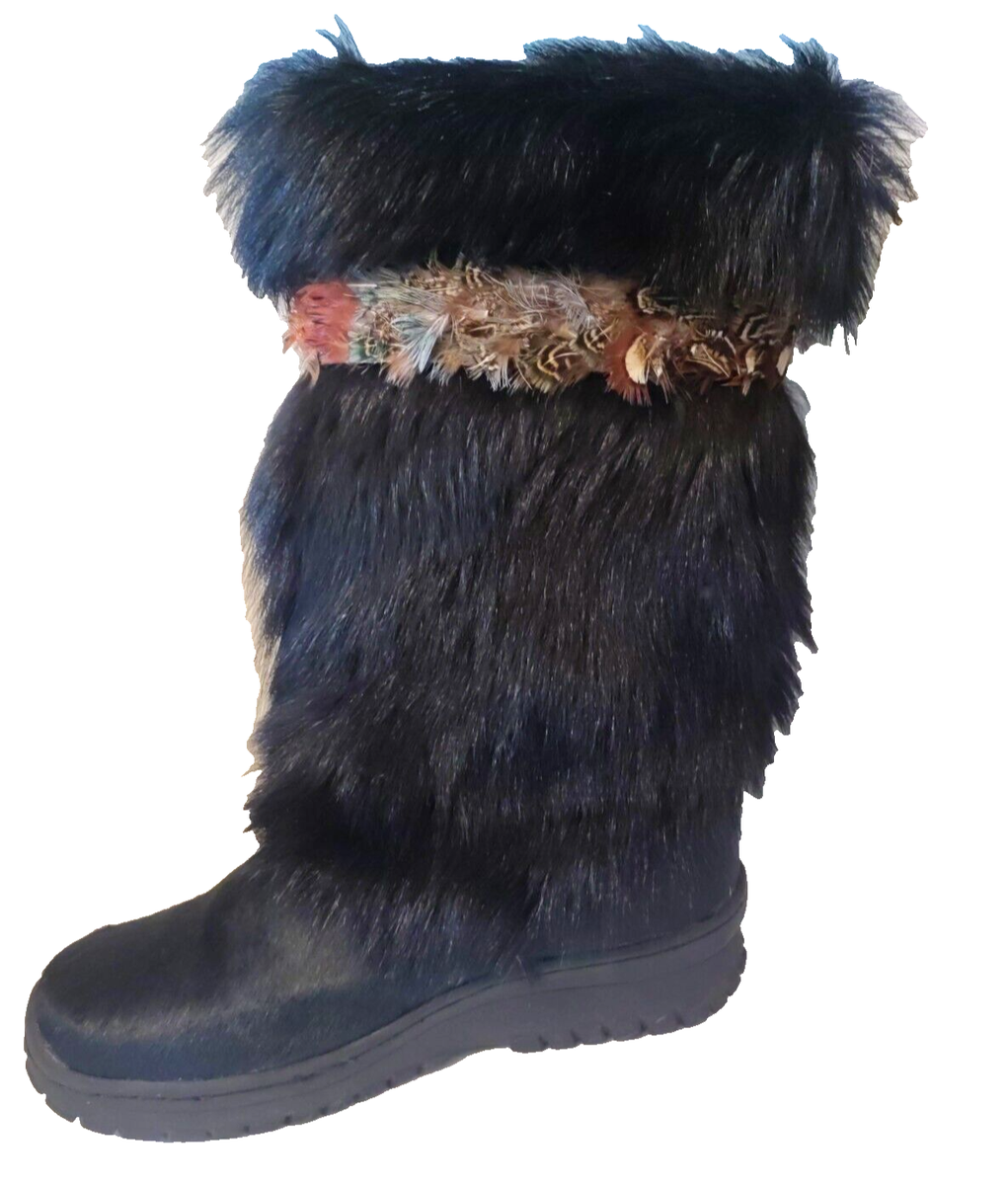 Bear Paw Ladies Calf Boots Feather Trim Goat Fur Wool Lining Sheep Skin  Foot