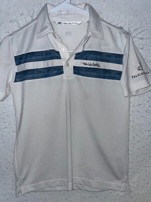 Travis Mathew Boys Size S Polo Shirt White Blue Stripe Pelican Hill