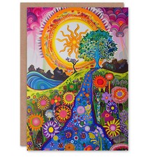 Bright Colourful Hippy Artwork Flowers Sun Trees Greeting Card Birthday Him Her