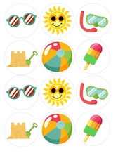 12 count Summer Time, edible Image rounds, Wafer paper, pre cut