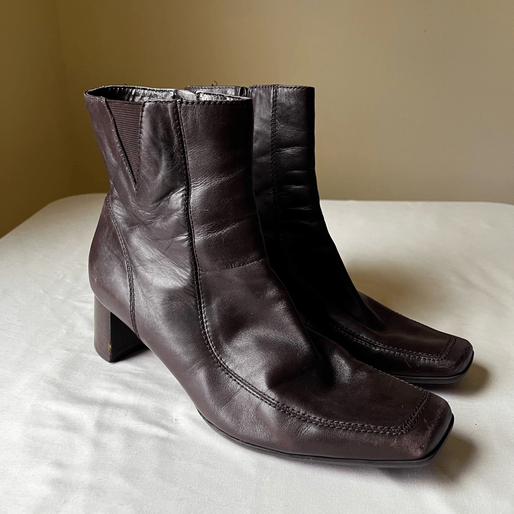 Vintage Y2K Square Toe Zip Ankle Boots Dark Brown Leather Block Heel Women’s 11