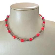 Women's Beaded Wood Short Boho Necklace Brown, Silver Burnt Orange NWOT