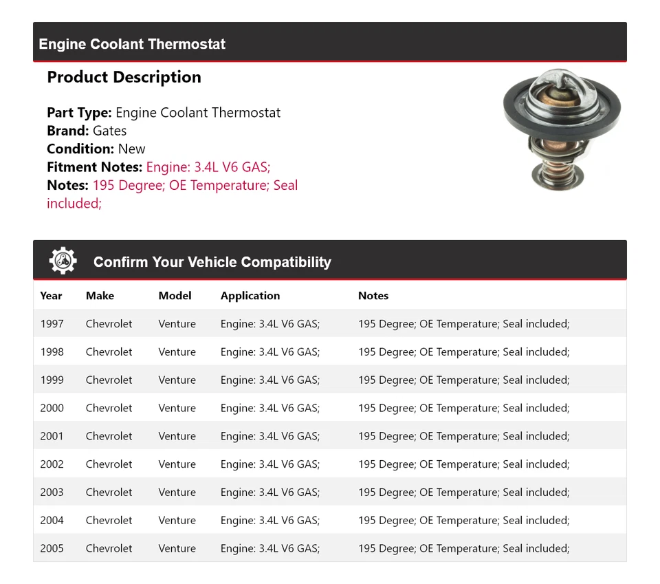 Para Chevrolet Venture 1997-2005 3,4 L V6 motor gas refrigerante termostato puertas 1998 Foto 2 de 4