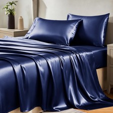 Satin Sheets King Size Sheet Set - 4 Piece Silky King Sheets, Luxury Navy Blu...