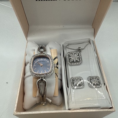 Women's Ellen Tracy Quartz Rose Gold Dial Watch With Necklace+ Pierced Earrings