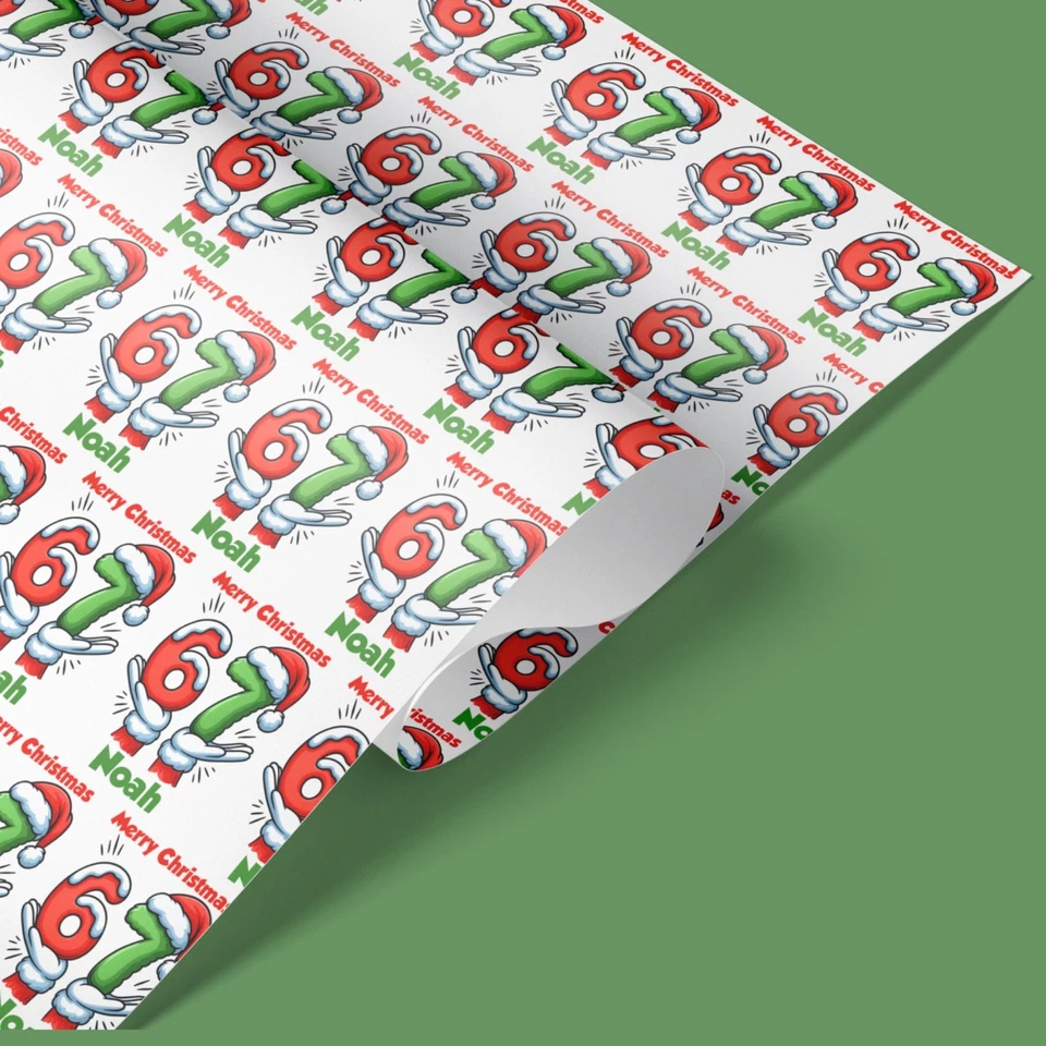 Personalised 67 Meme Christmas Wrapping Paper Roll – Any Name Gift Wrap - Image 3 of 4