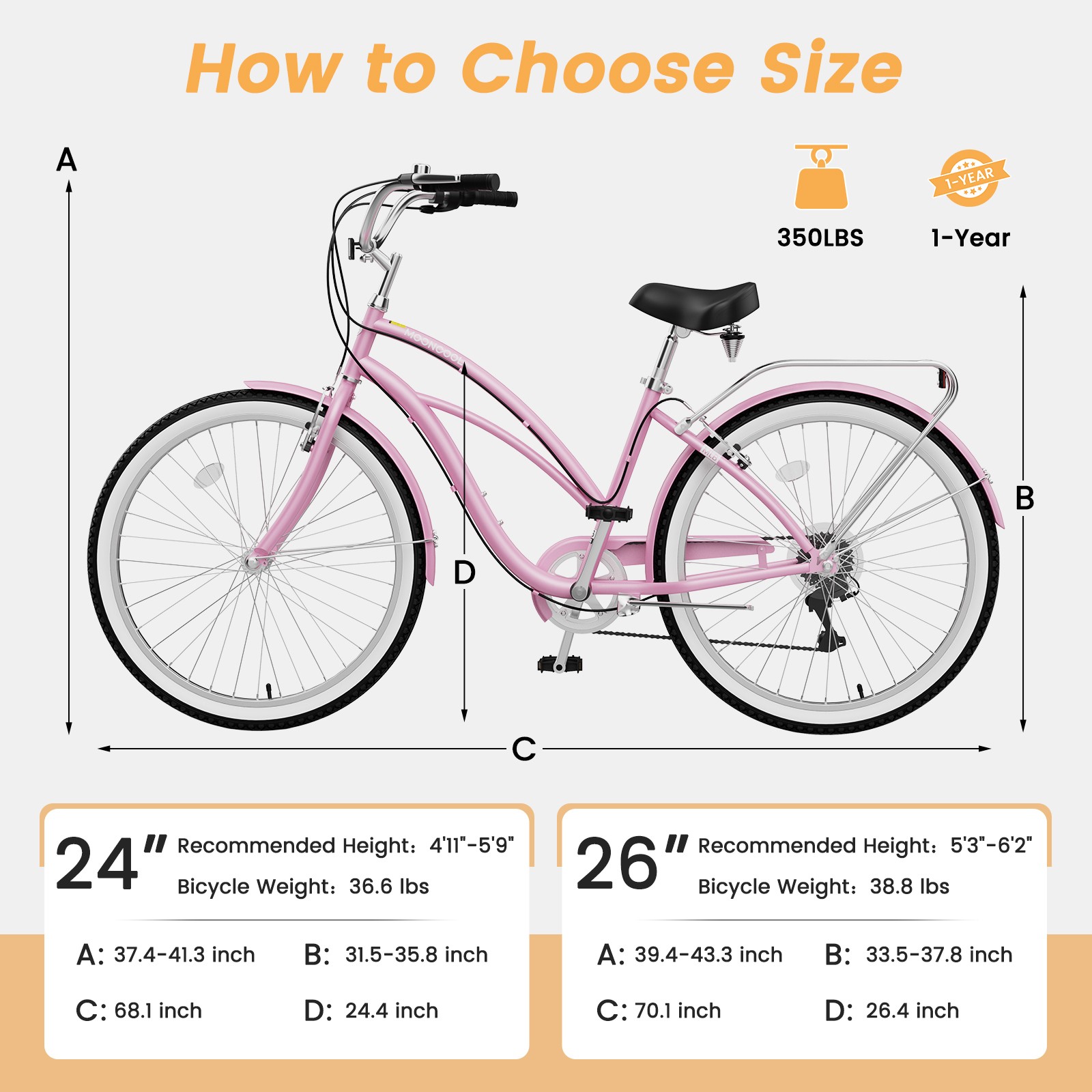 DoCred 24/26 Inch Beach Cruiser Bike,7 Speed Adult City Bicycle for Men & Women