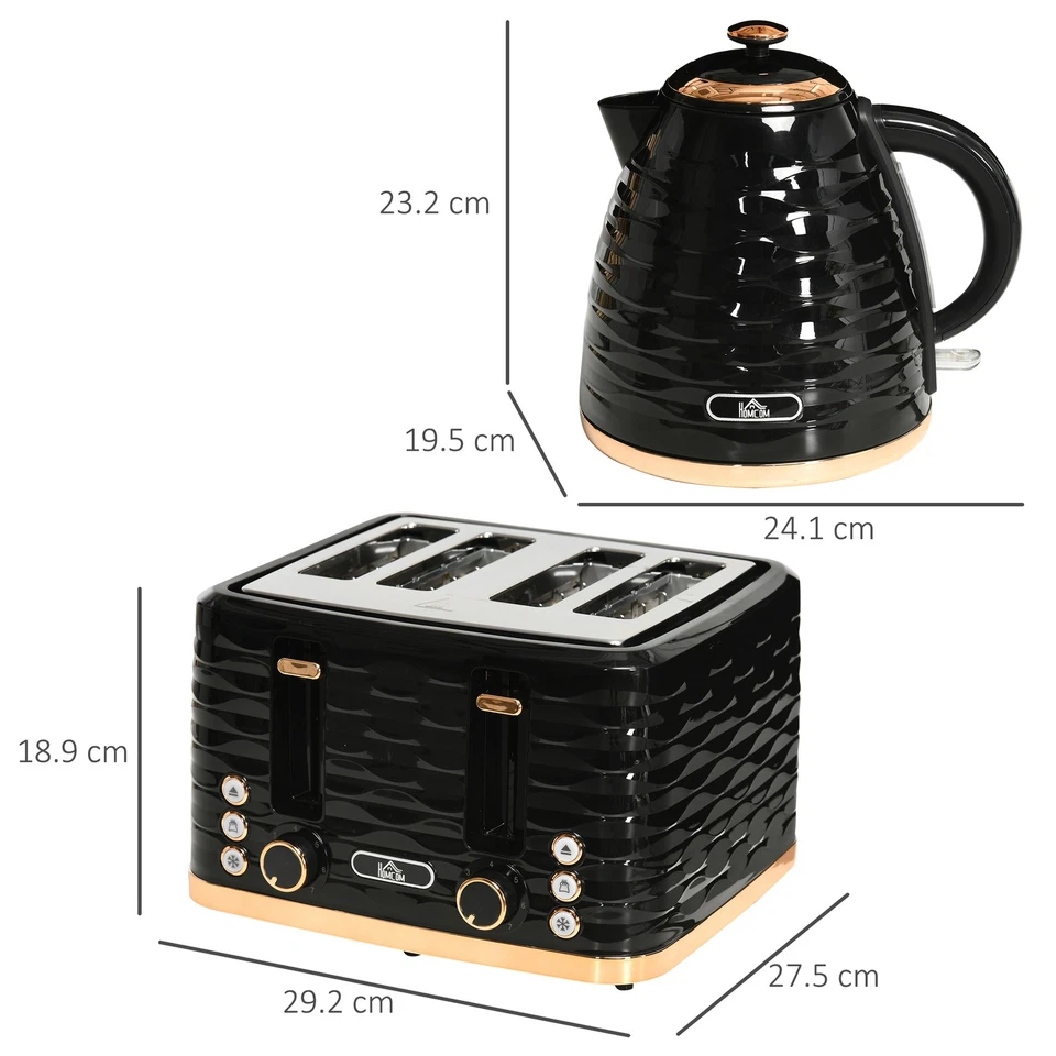 HOMCOM Kettle and Toaster Set 1.7L Rapid Boil Kettle & 4 Slice Toaster Black - Image 3 of 4