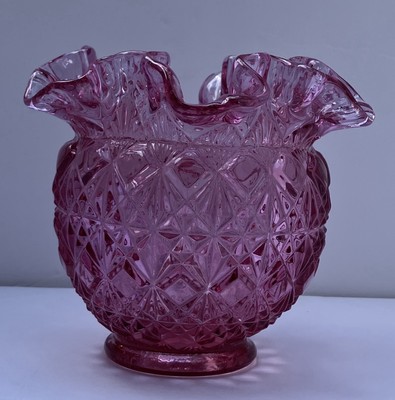 Fenton Glass Vase Vintage 1980 s Cranberry Ruffled Rim  Diamond Star Pattern. WV