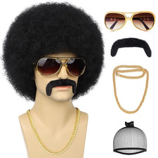 70S Men s Afro Wig for Disco Party, 5pcs Set Wig Glasses Necklace Mustache
