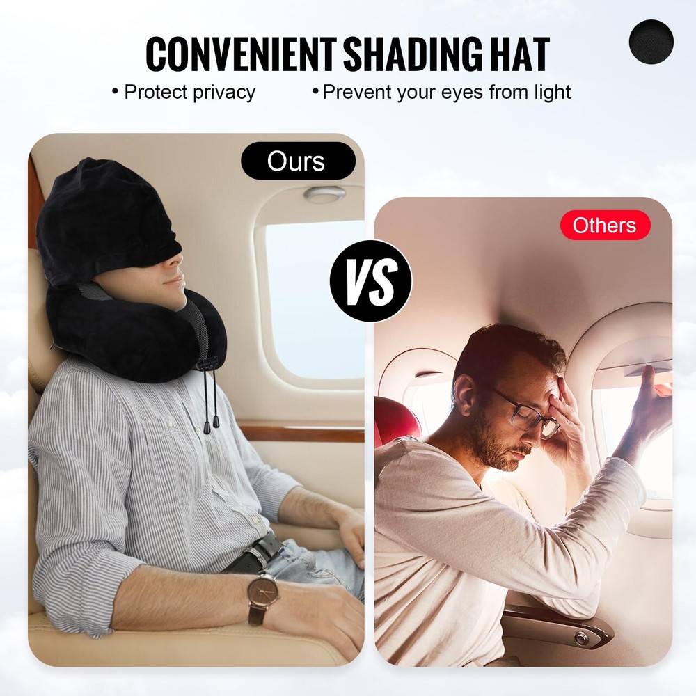 Neck Pillow with Hood for Travel Airplane Medium Black