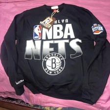 NBA BROOKLYN NETS Basketball Sweatshirt Pullover Mitchell & Ness Fleece Crew Blk